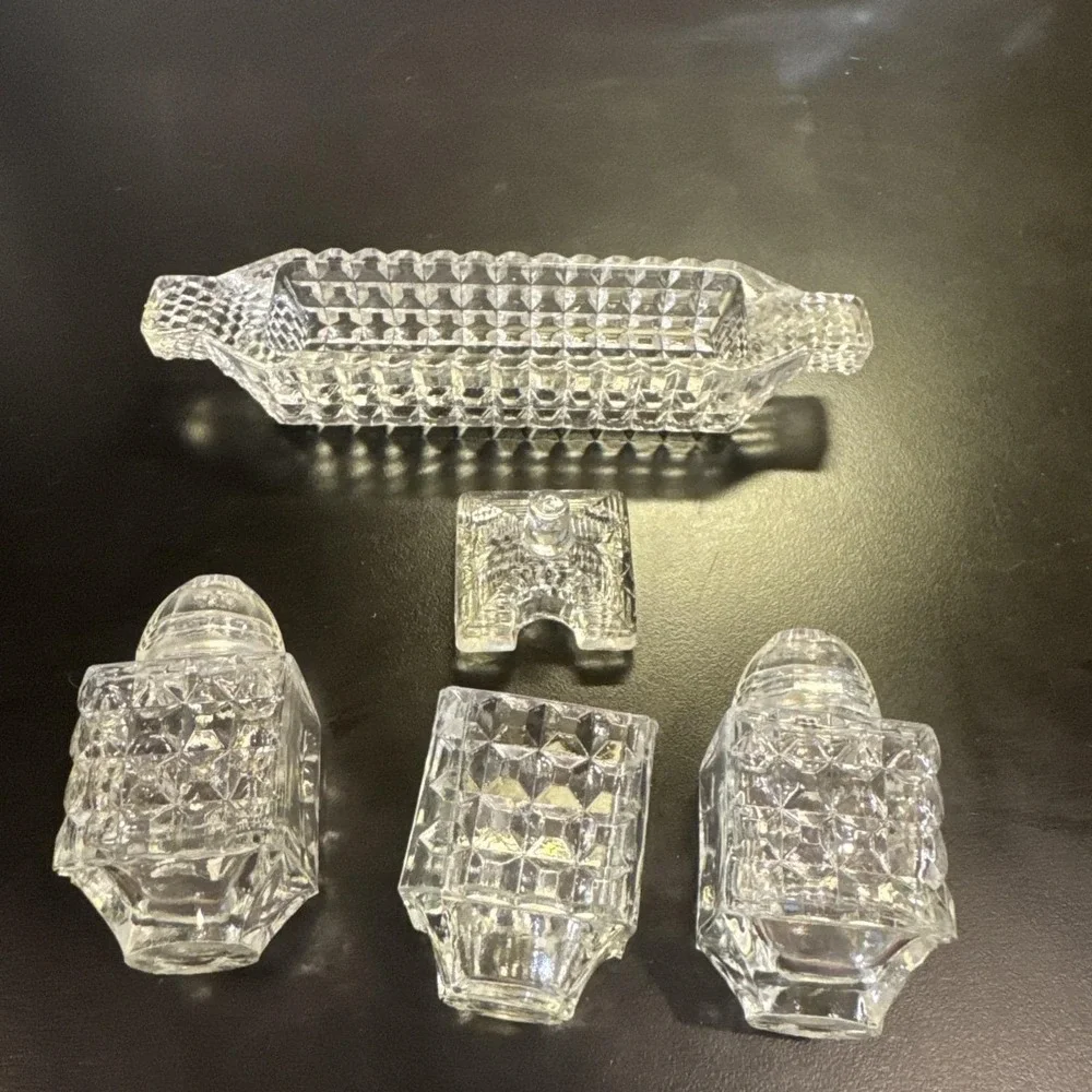 Vtg Bohemia Glass Salt Pepper‎ Shakers Mustard Jar in Tray Czech Bohemian
